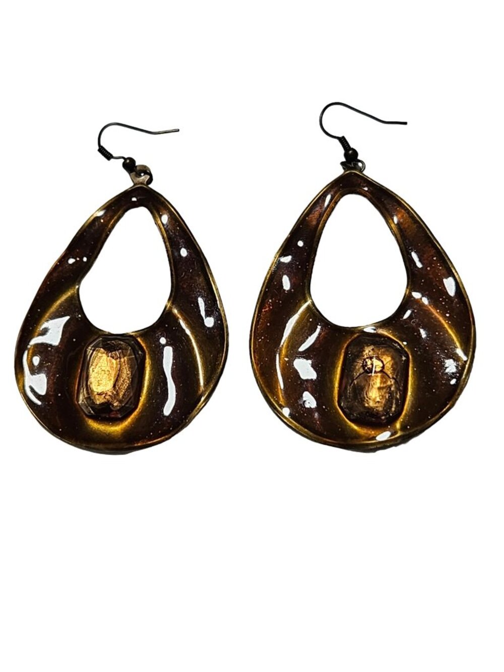 Vintage Teardrop Earrings Gemstone Accent Gold Tone Statement Bold Jewelry Women